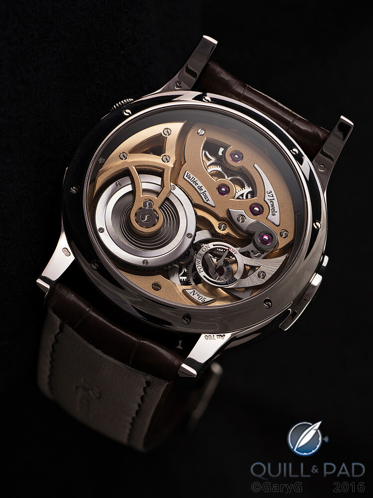 Production version Romain Gauthier Logical One with transparent sapphire crystal spring barrel and revised winding system