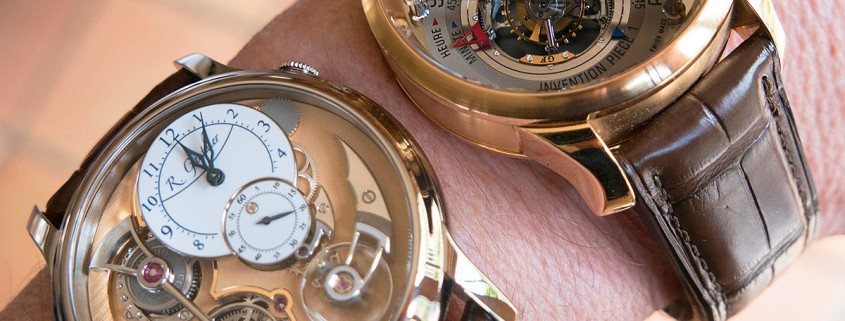 Deep dimensionality: the author’s Romain Gauthier Logical One and Greubel Forsey Invention Piece 1 side by side