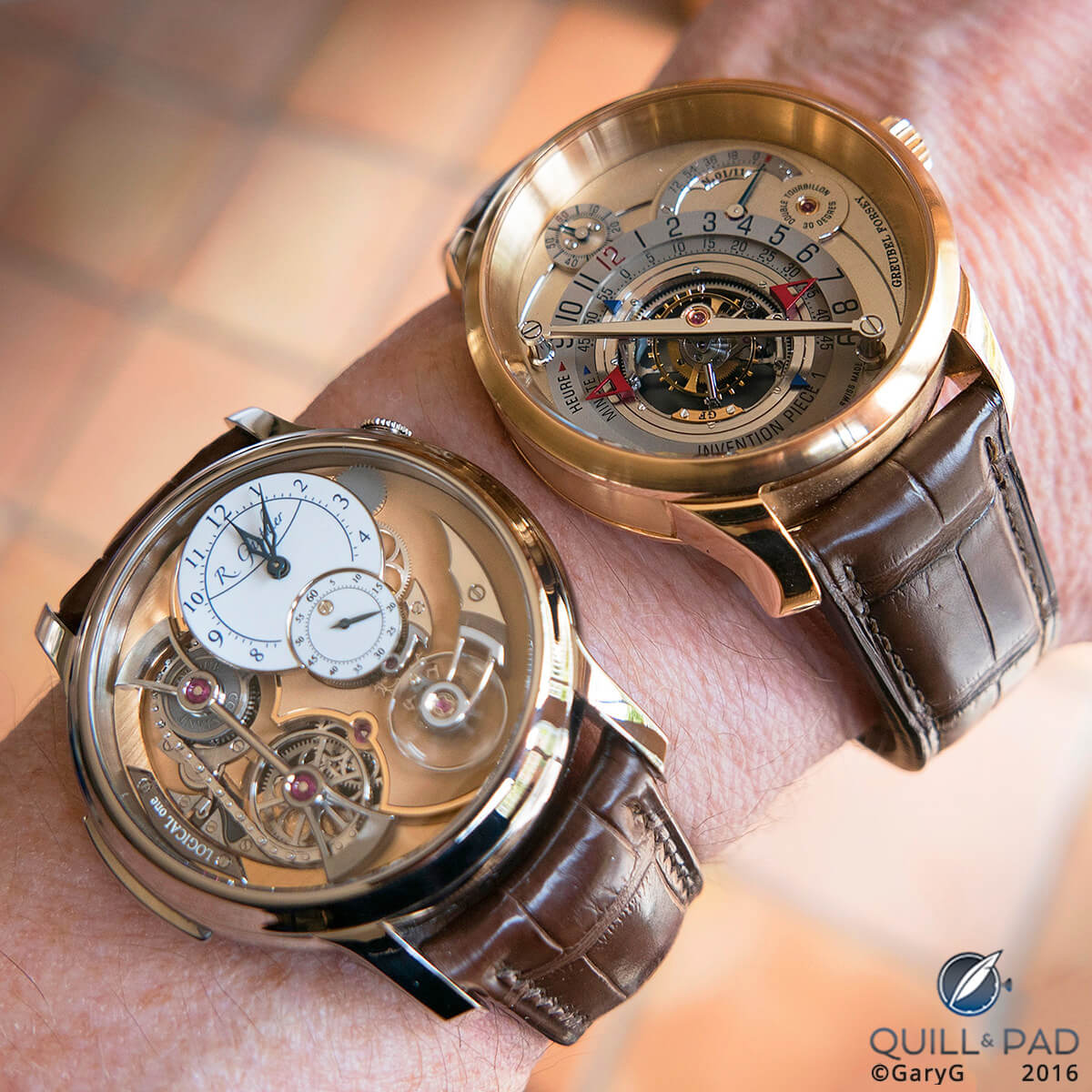 Deep dimensionality: the author’s Romain Gauthier Logical One and Greubel Forsey Invention Piece 1 side by side