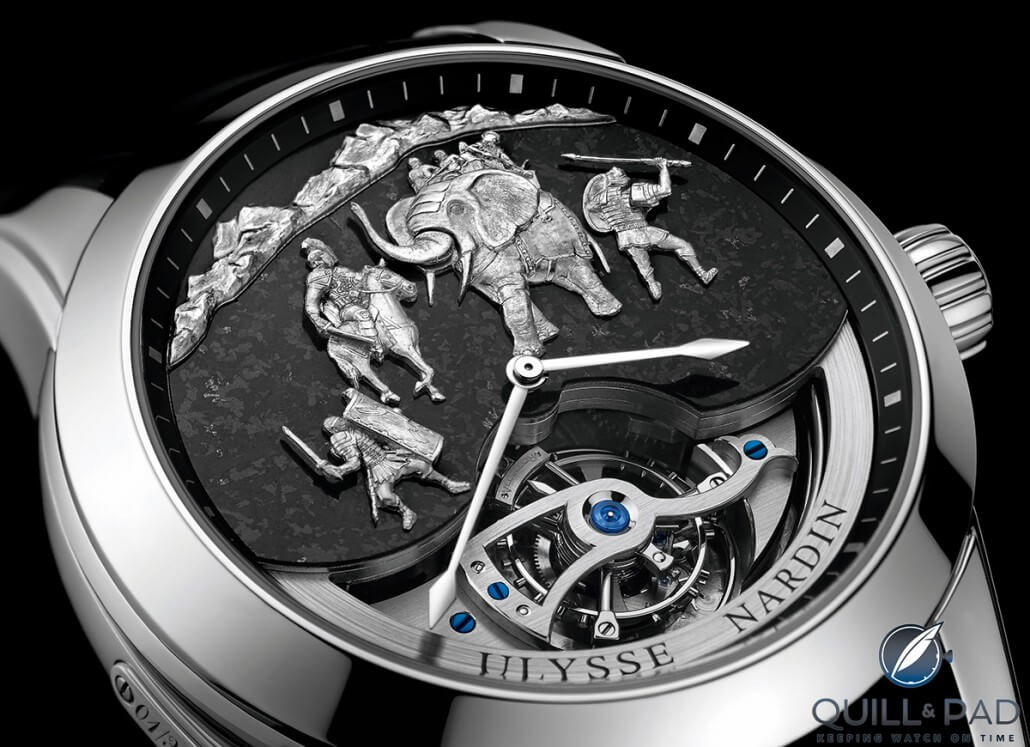 The story of Hannibal's epic crossing of the Alps is depicted on the dial of the Ulysse Nardin Hannibal Minute Repeater Westminster Carillon Tourbillon Jaquemarts