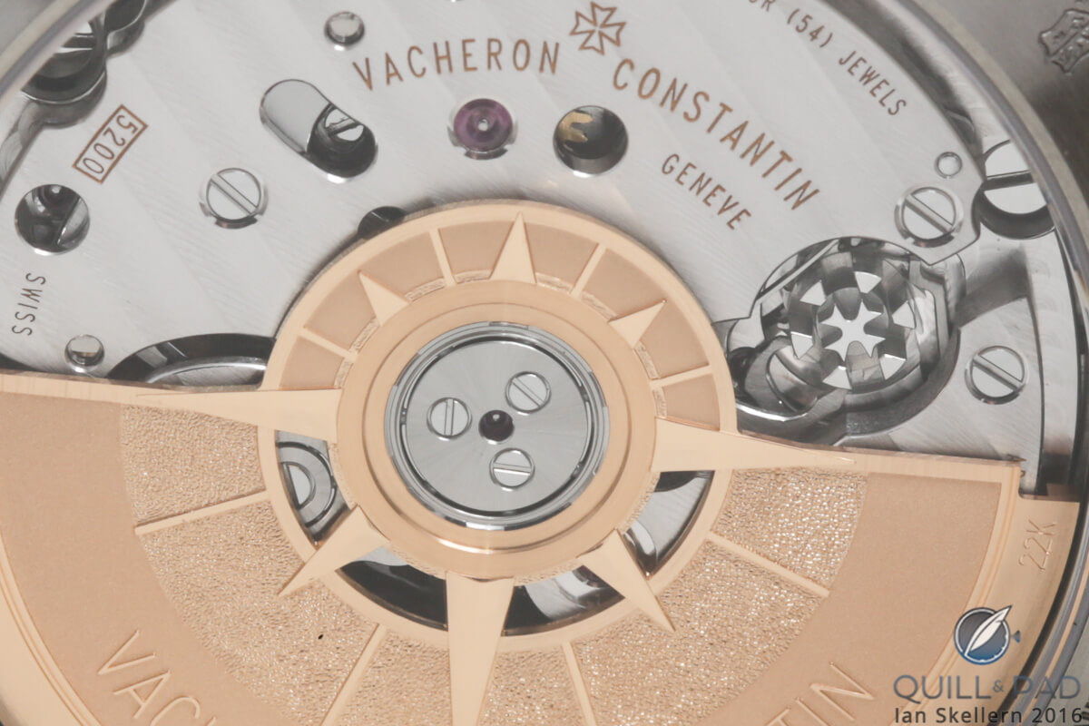 View through the display back of the Vacheron Constantin Overseas Chronograph with the Maltese cross-shaped column wheel visible on the right