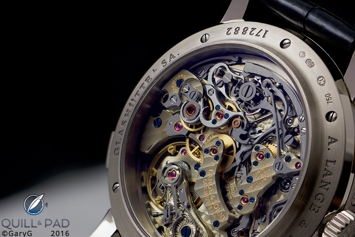 Full-frame view of the A. Lange & Söhne Datograph Perpetual movement using extension tubes