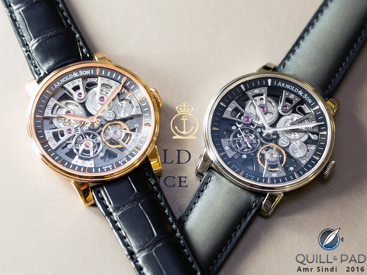 Arnold & Son Nebula in red gold (left) and stainless steel