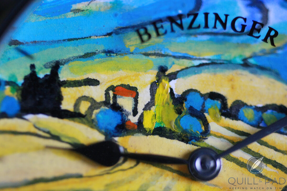 Close up look at the real oil painting on the dial of the Benzinger By Zanella