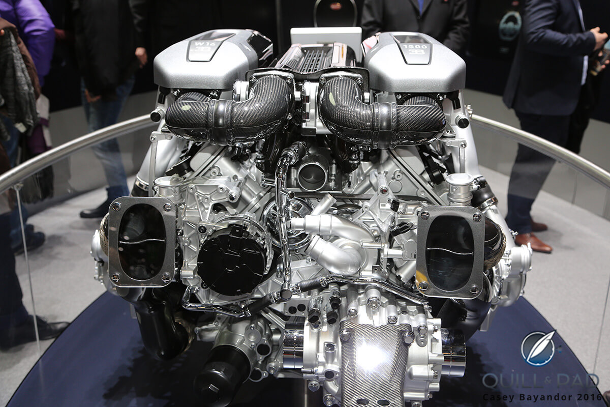 This is what the 8 liter, 1,500 HP, 4 turbocharger motor of the Bugatti Chiron looks like