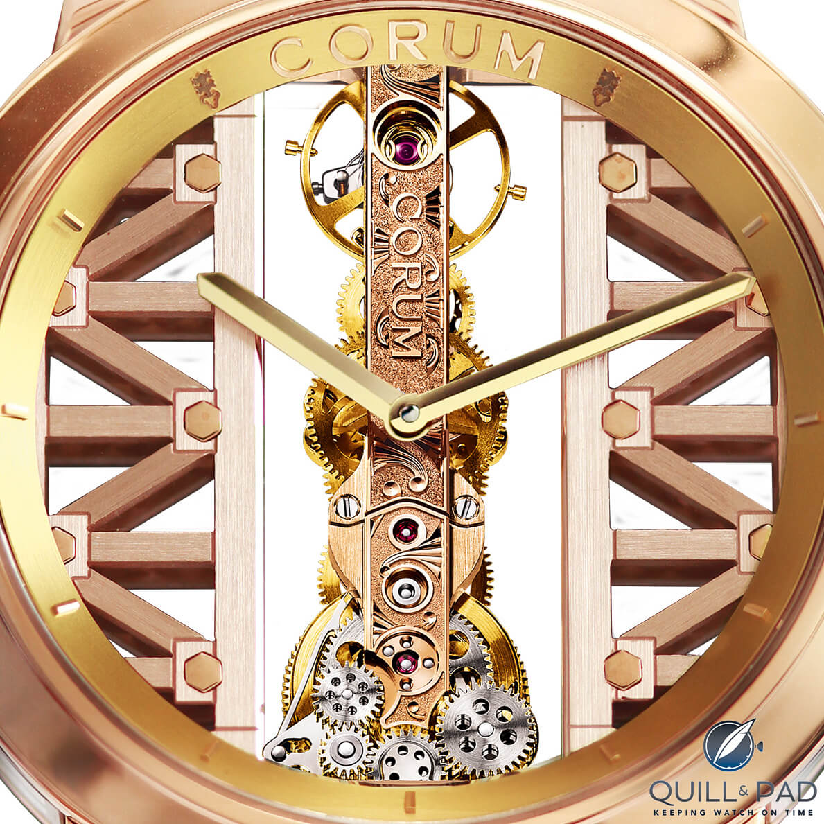 Close look at the Golden Gate bridge themed movement of the Corum Golden Bridge Ronde in red gold