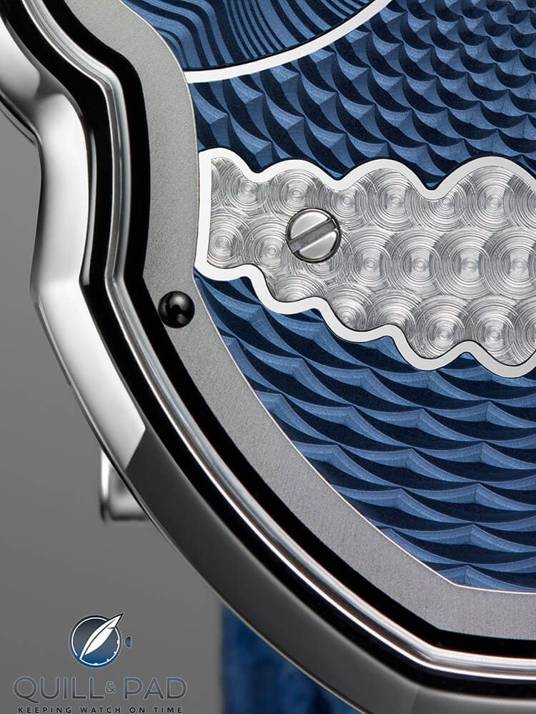 A close look at the dial of the Fiona Krüger Petit Skull Blue revealing that the 