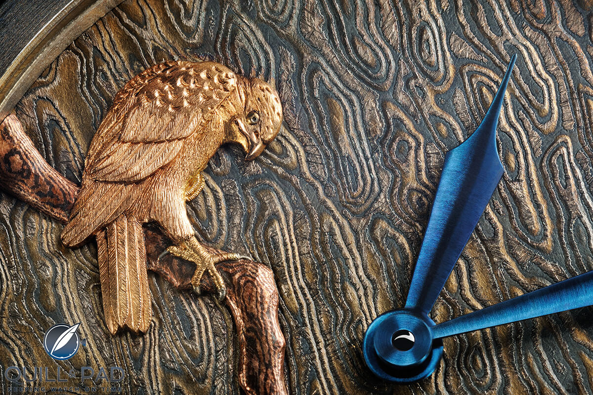 Close up look at the sculptured hawk on the dial of Kees Engelbarts' Tsuba