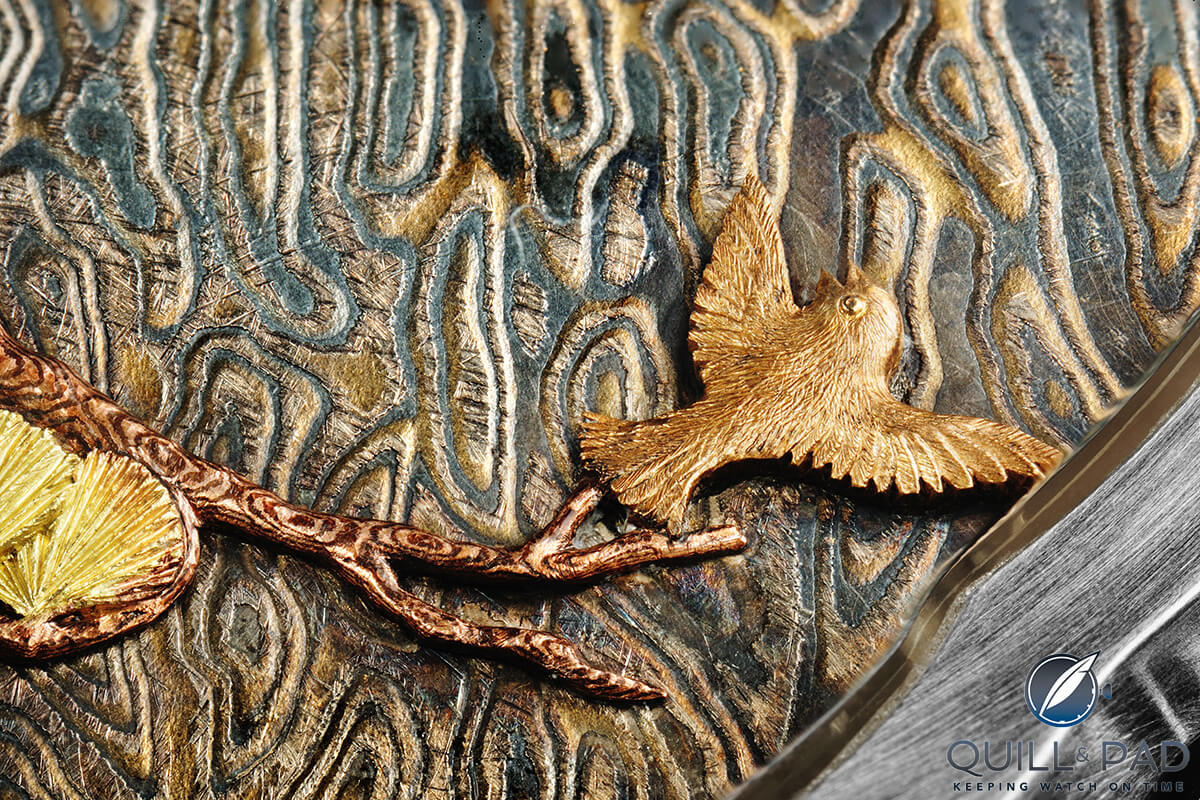 Close up look at the sculptured sparrow on the dial of Kees Engelbarts' Tsuba