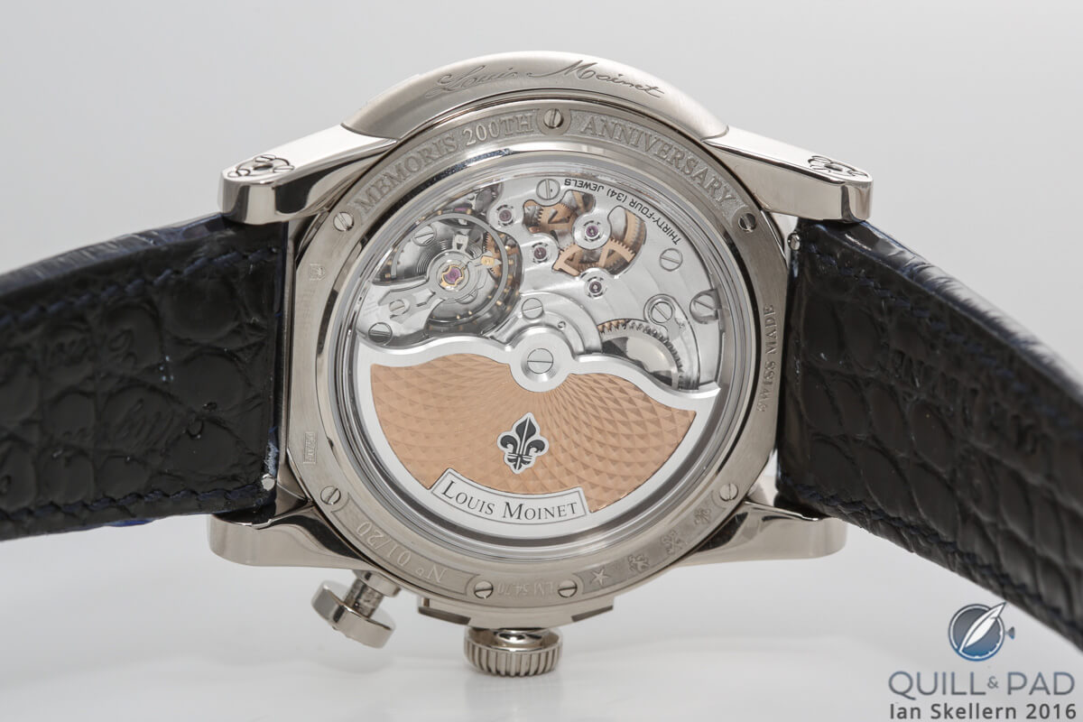View through the display back of the Louis Moinet Memoris 200th Anniversary Edition chronograph