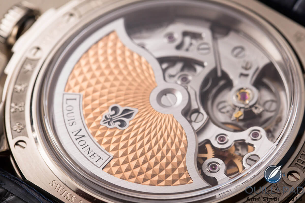 Eye-catching hobnail guilloche on the automatic winding rotor of the Louis Moinet Memoris 200th Anniversary Edition chronograph