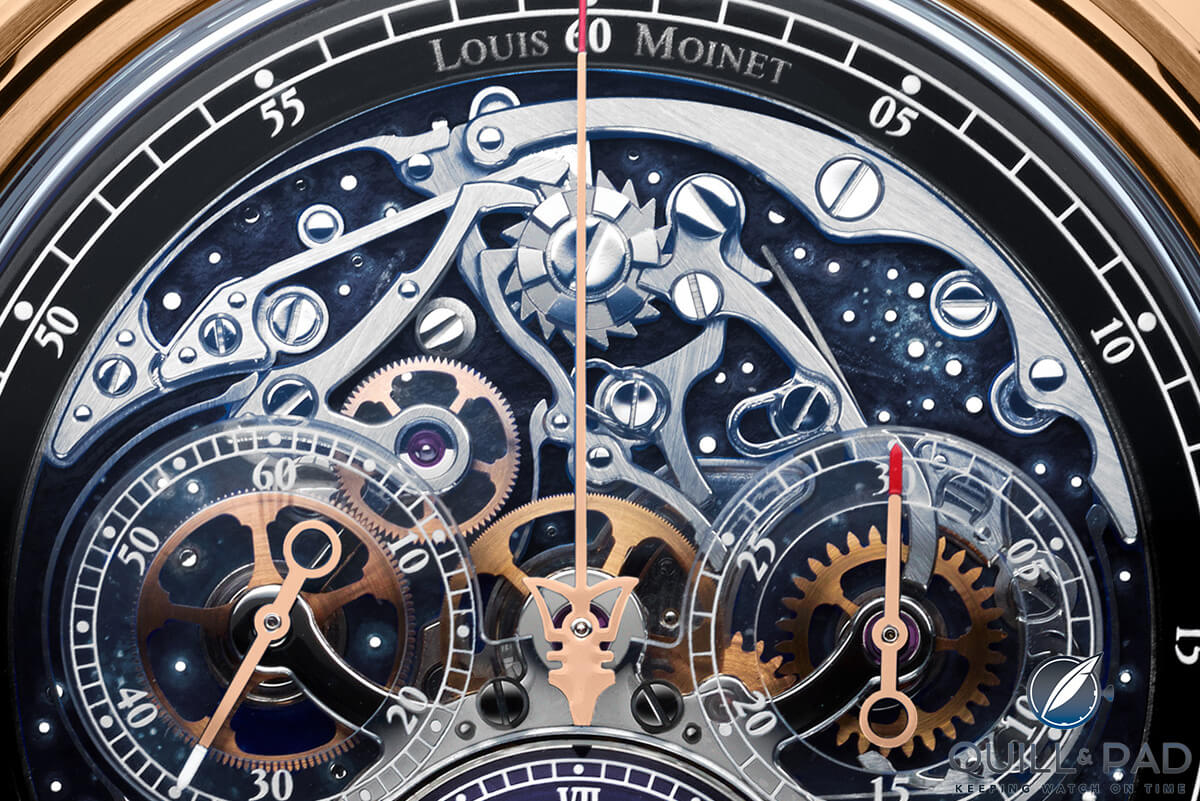 Close up look at the star-studded dial of the Louis Moinet Memoris 200th Anniversary Edition chronograph