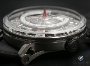 View of the case band of the MCT Sequential S210 showing the box crystal and sapphire crystal band set into the case band