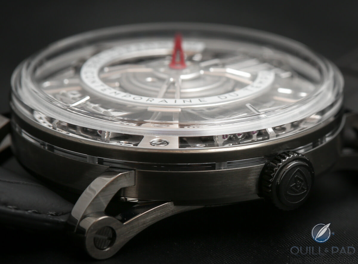 View of the case band of the MCT Sequential S210 showing the box crystal and sapphire crystal set into the case band