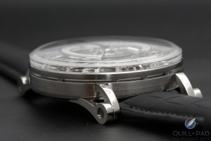 View of the case band of the MCT Sequential S210 showing the box crystal and sapphire crystal band set into the case band
