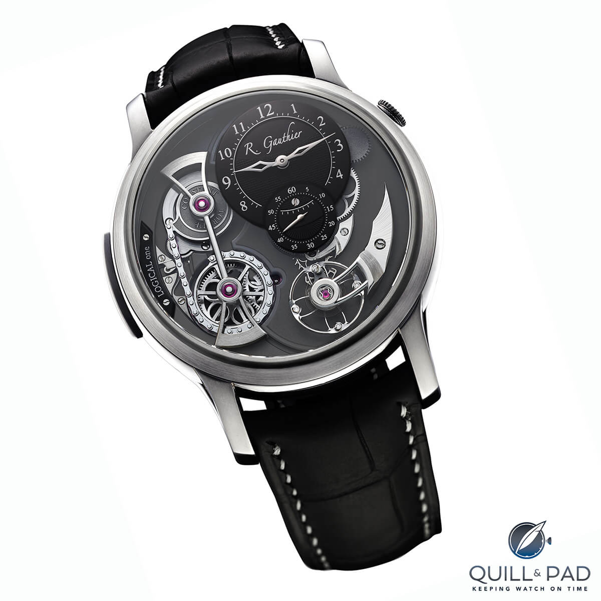 Romain Gauthier Logical One in natural titanium with black guilloche dials