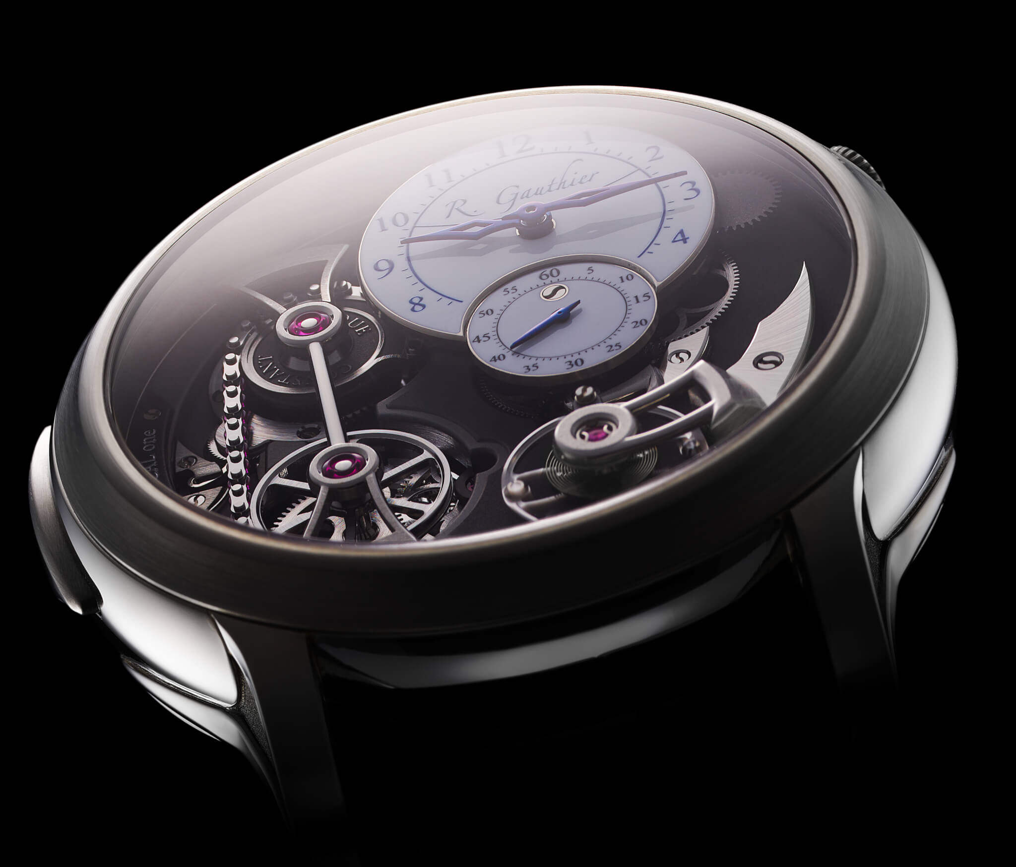 A close look at the white fired-enamel dials on this Romain Gauthier Logical One in natural titanium
