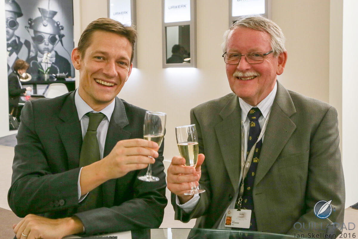 Pierre-Alexandre Aeschlimann (left), the new owner and CEO of Andersen Genève, sharing a glass with Svend Andersen at SIHH 2016