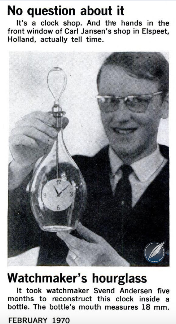 Svend Andersen published in Popular Mechanics in 1970 for his clock-in-a-bottle