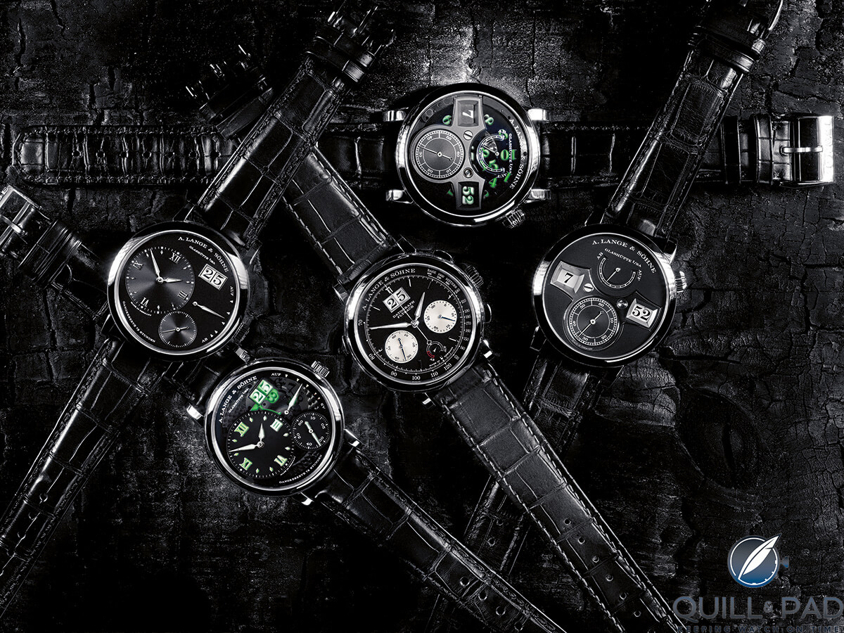 A selection of “black” watches by A. Lange & Söhne including the Grande Lange 1 Lumen (second from left) and the Zeitwerk Luminous (at top)
