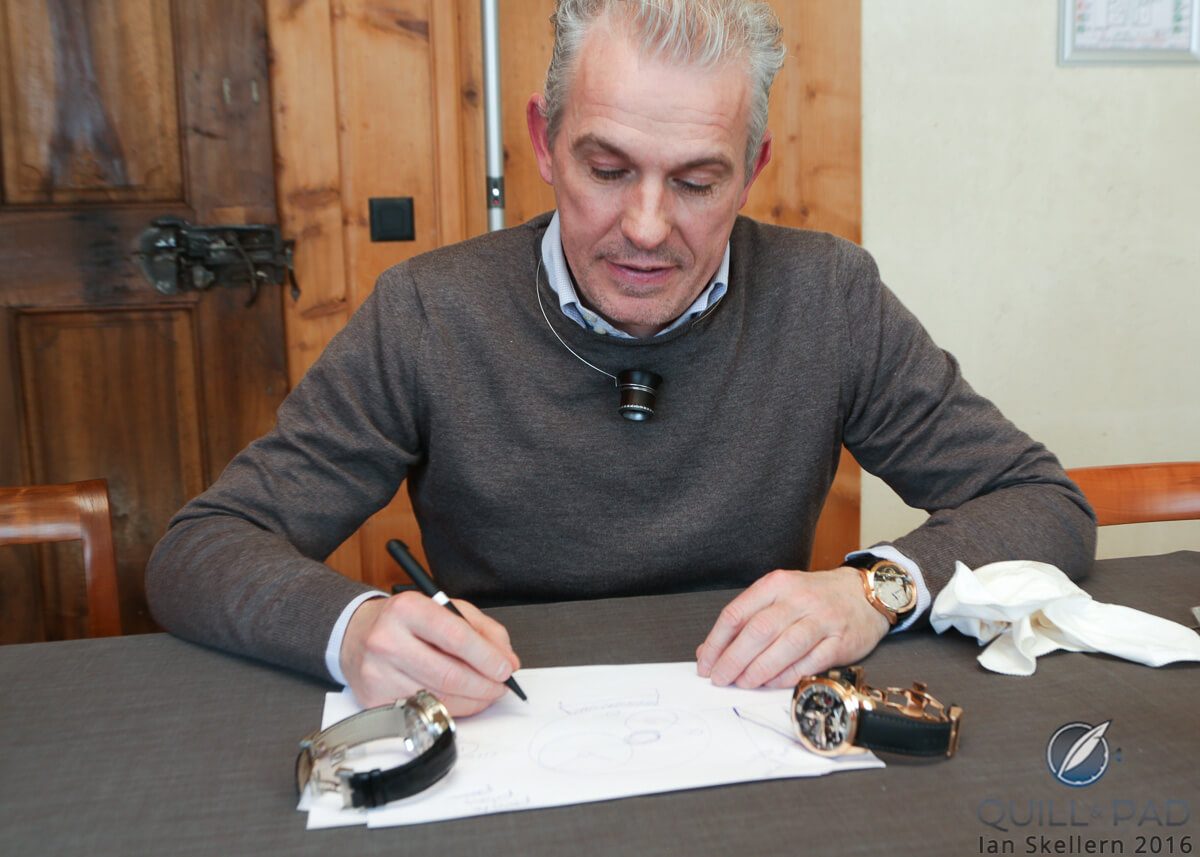Didier Cretin explaining the development of Signature 1 with a surfeit of Greubel Forsey watches (though can there ever be too many?)