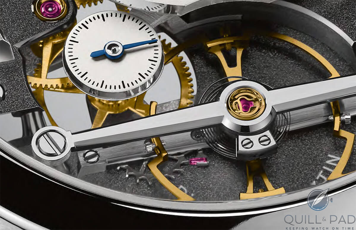 Close look at the long flat polished bridge and complex flat in-house balance wheel of the Greubel Forsey Signature 1