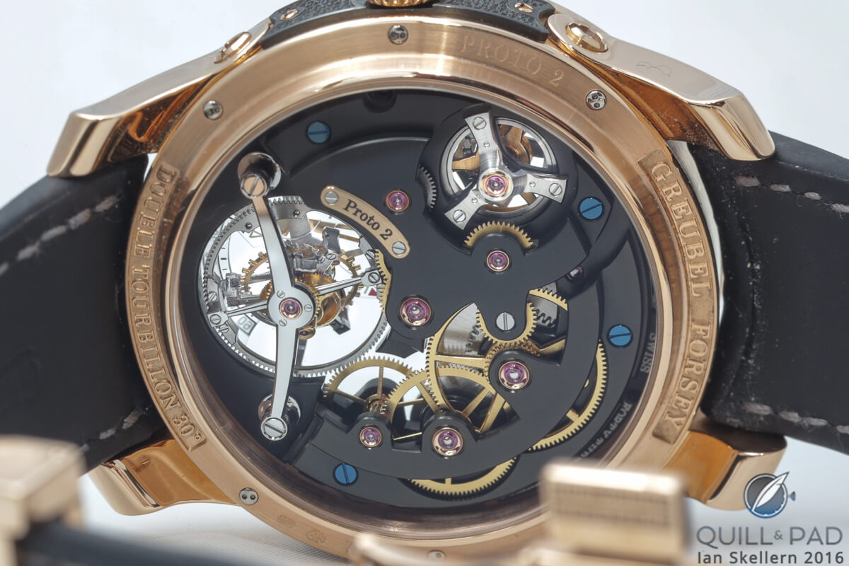A tripod bridge is also visible on the back of the Greubel Forsey Double Tourbillon Technique, where it supports the differential driving the power reserve indicator