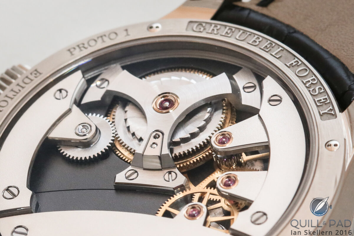 Close look at the click integrated into on arm of the spring barrel bridge of the Greubel Forsey Signature 1 by Didier Cretin