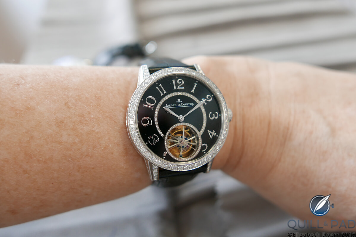 Jaeger-LeCoultre Rendez-Vous High Jewellery Tourbillon with black enamel dial on the wrist