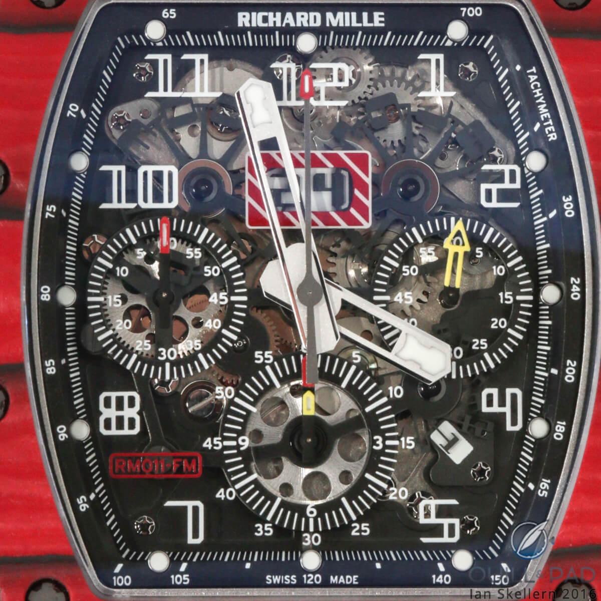 A close look at the dial side of the Richard Mille RM 011 Red TPT Quartz Automatic Flyback Chronograph
