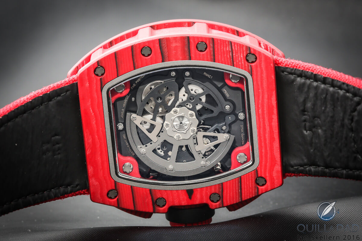 View through the display back of the Richard Mille RM 011 Red TPT Quartz Automatic Flyback Chronograph