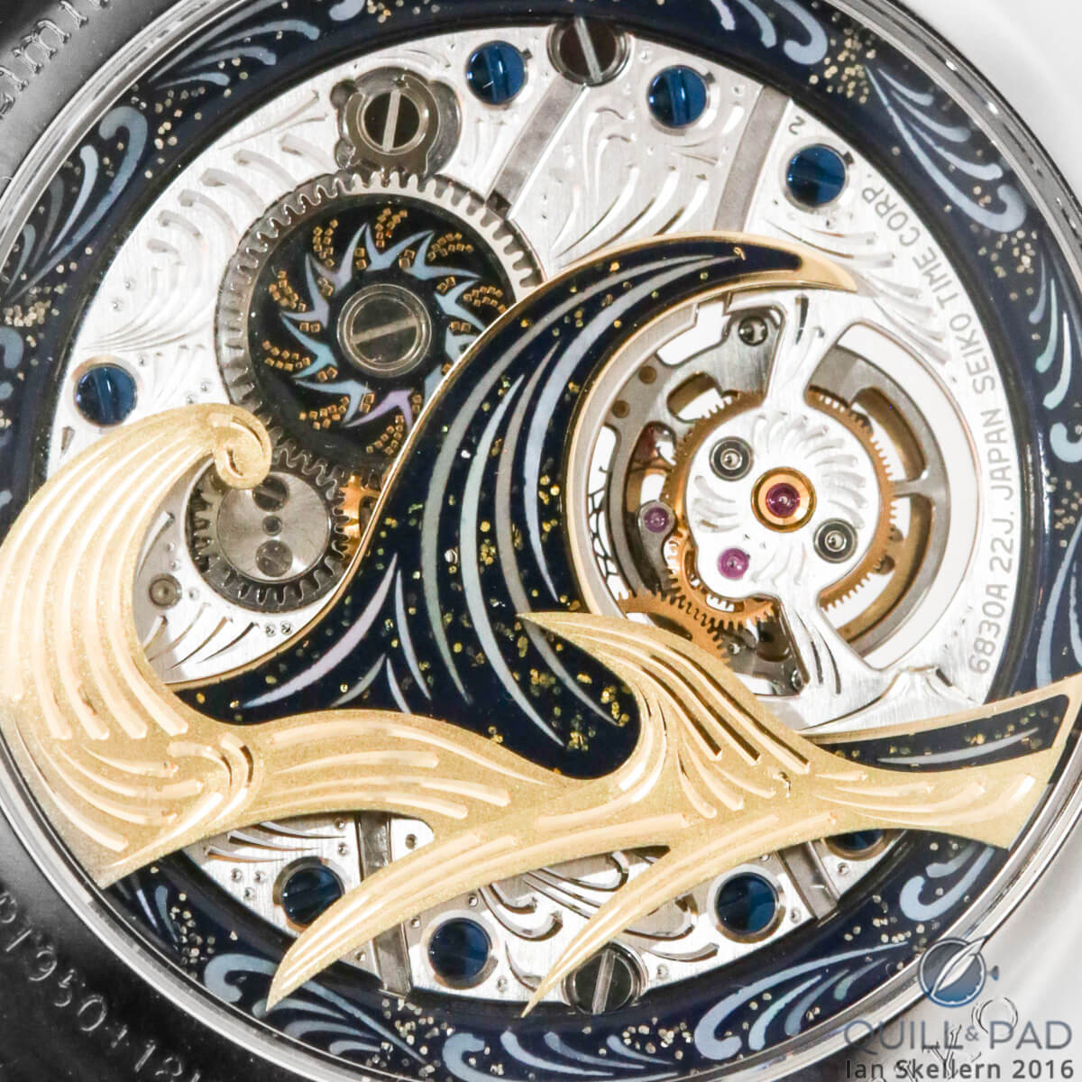 A close look at the incredible details on the highly decorated movement visible through the display back of the Seiko Credor Fugaku Tourbillon
