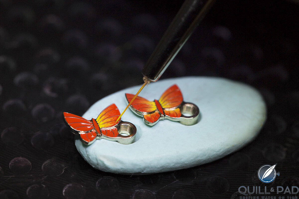 Hand-painted butterflies that act as minute indicators on the Van Cleef & Arpels Lady Arpels Ronde des Papillons (photo courtesy Johann Sauty)
