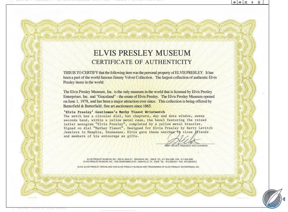 Certificate of authenticity for the Mathey-Tissot Day-Date once owned by Elvis Presley