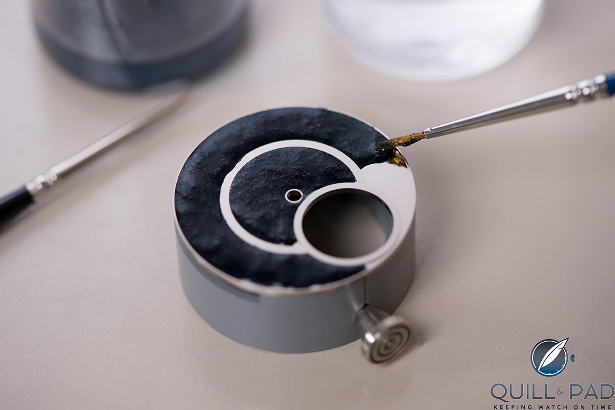 Adding enamel to the dial of the Rendez-Vous High Jewellery Tourbillon at Jaeger-LeCoultre