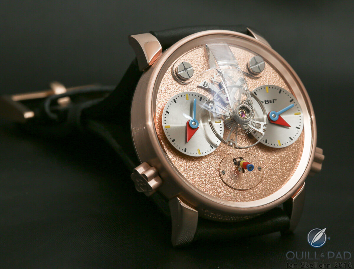 A look dial side of the MB&F LM1 Silberstein in red gold with frosted 