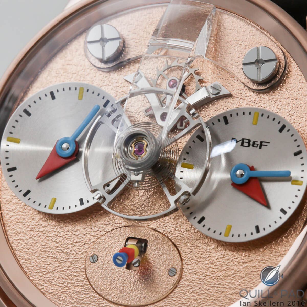 Close up look dial side of the MB&F LM1 Silberstein in red gold with frosted 