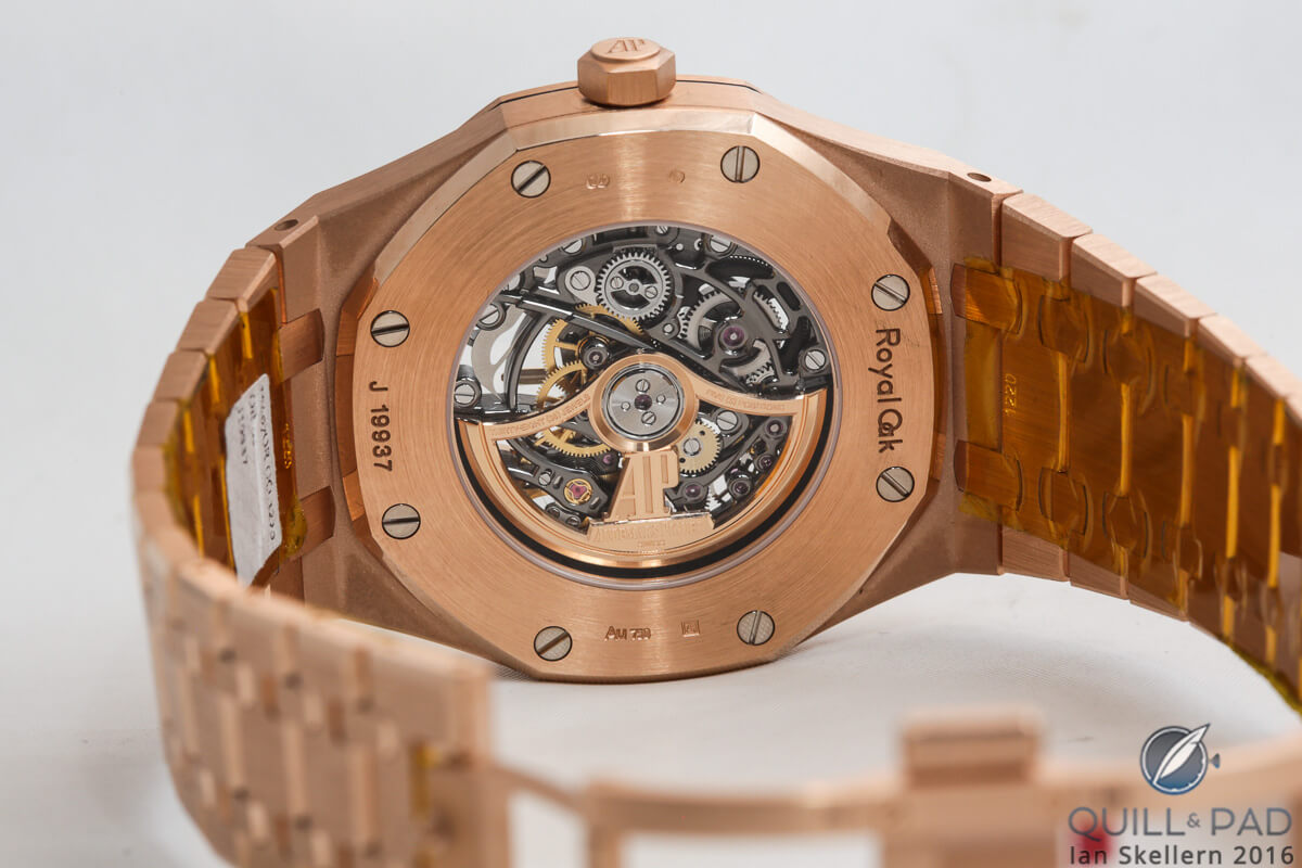 View from the back of the Audemars Piguet Royal Oak Double Balance Wheel Openworked in pink gold