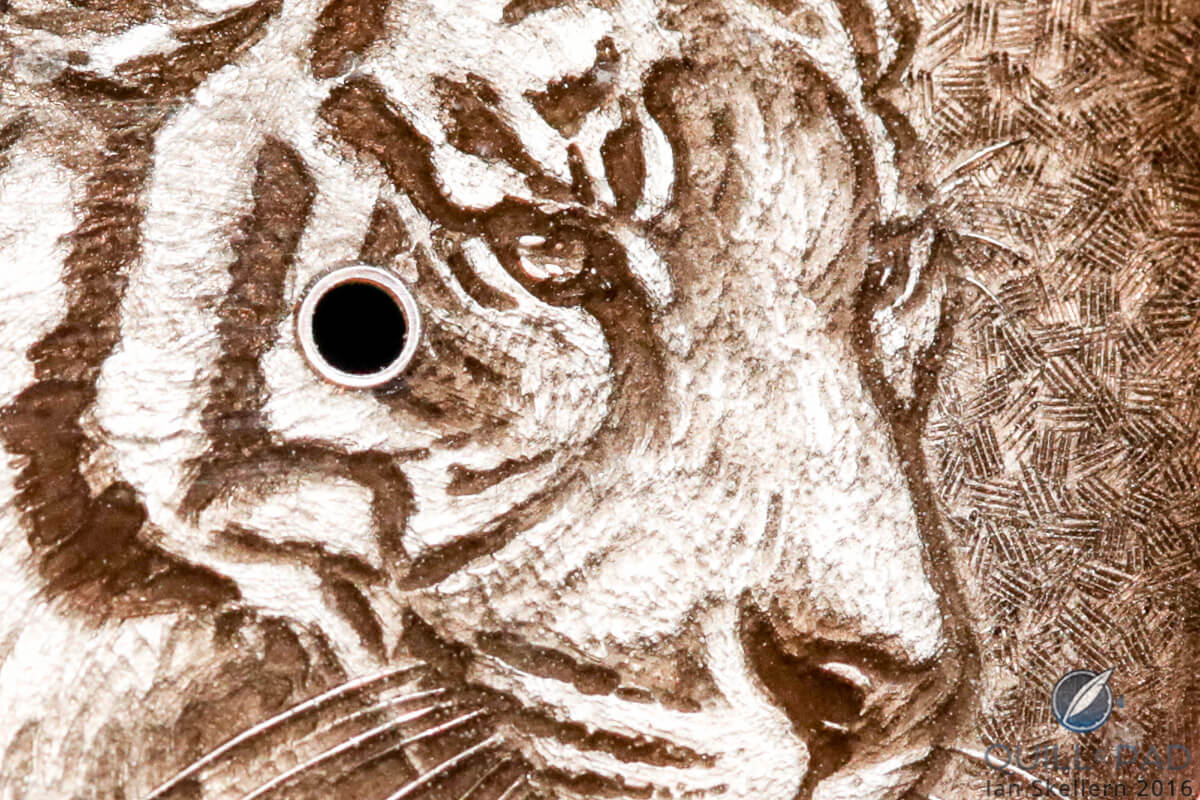 Close up look at the dial of the Hermès Arceau Tigre Email Ombrant