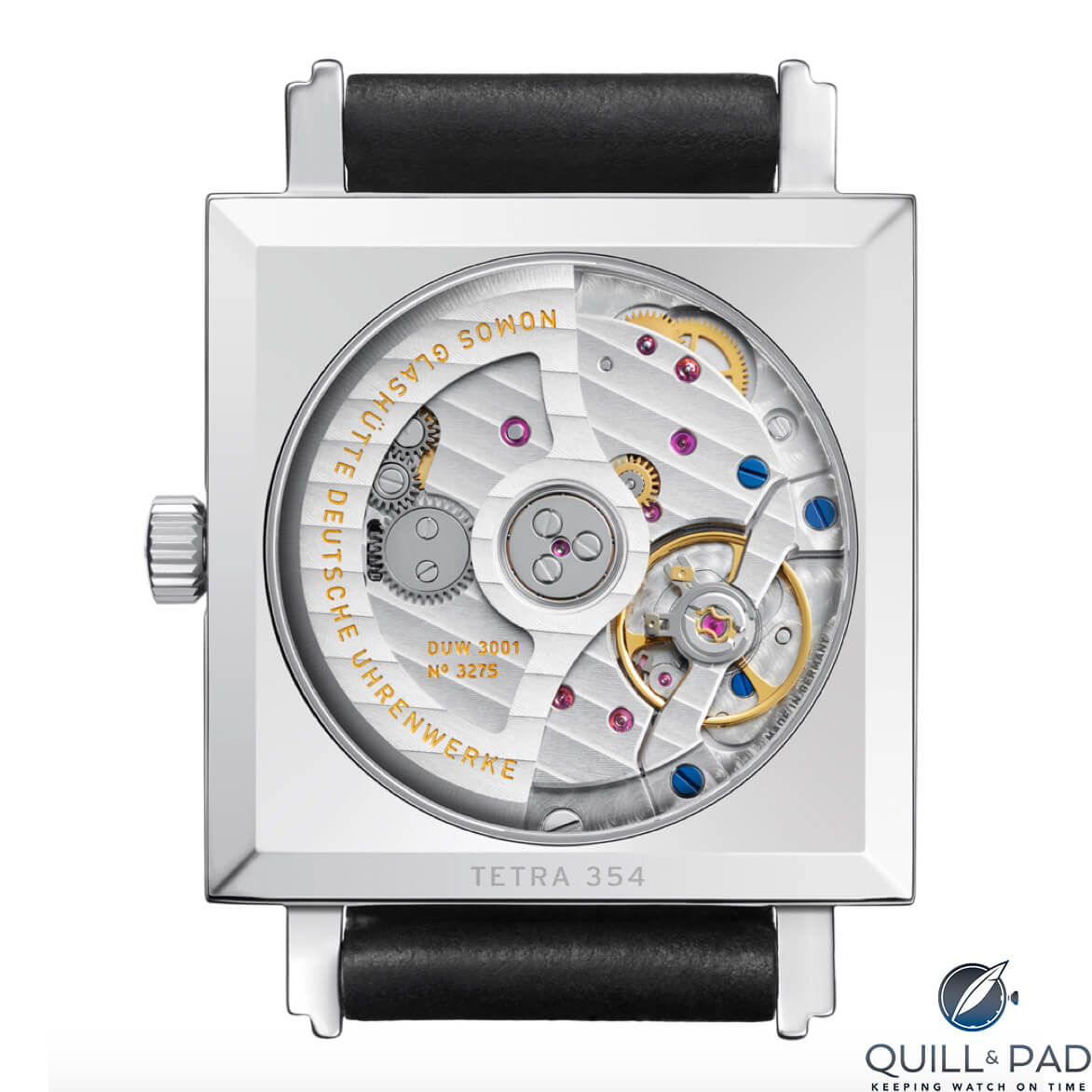 View through the display back of the Nomos Glashütte Tetra Neomatik to the in-house caliber DUW 3001 within