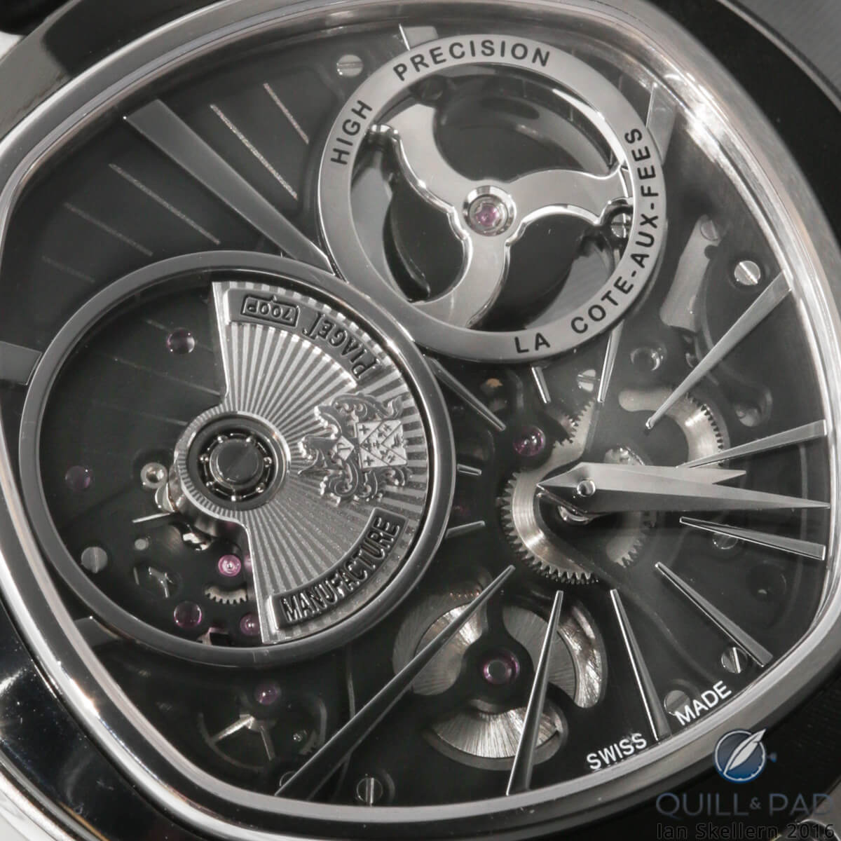 Close up look dial side of the Piaget Emperador Coussin XL 700P, with the micro winding rotor on the left