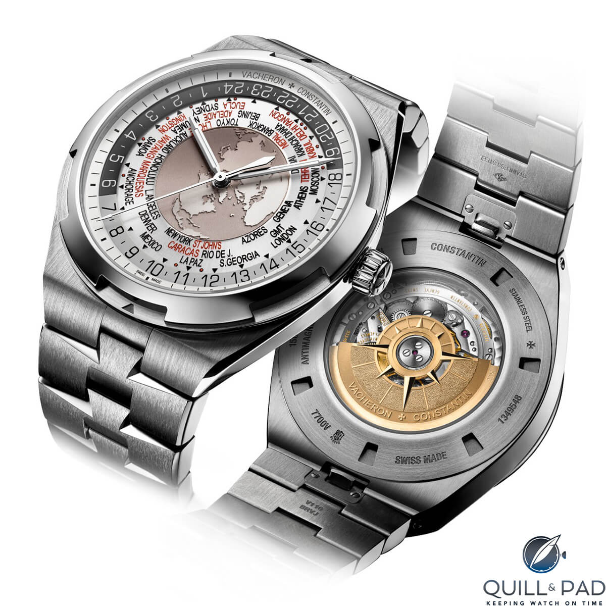 Vacheron Constantin Overseas Worldtimer from the back: check out the rotor’s windrose design