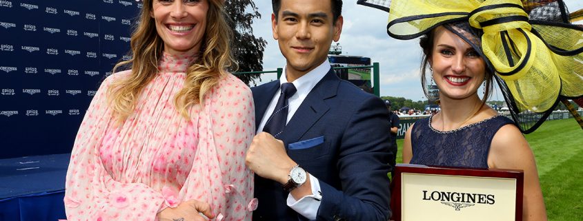 Alexia Masseron (far right),“Mademoiselle Diane par Longines,” most elegantly matched her outfit to the steel-and-diamonds Longines DolceVita she received; Eddie Peng and jury president former Miss France Sophie Thalmann awarded it to her