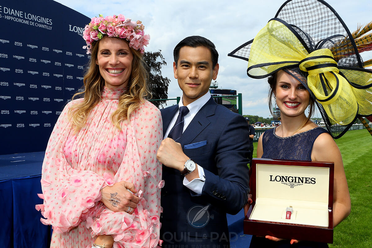Alexia Masseron (far right),“Mademoiselle Diane par Longines,” most elegantly matched her outfit to the steel-and-diamonds Longines DolceVita she received; Eddie Peng and jury president former Miss France Sophie Thalmann awarded it to her