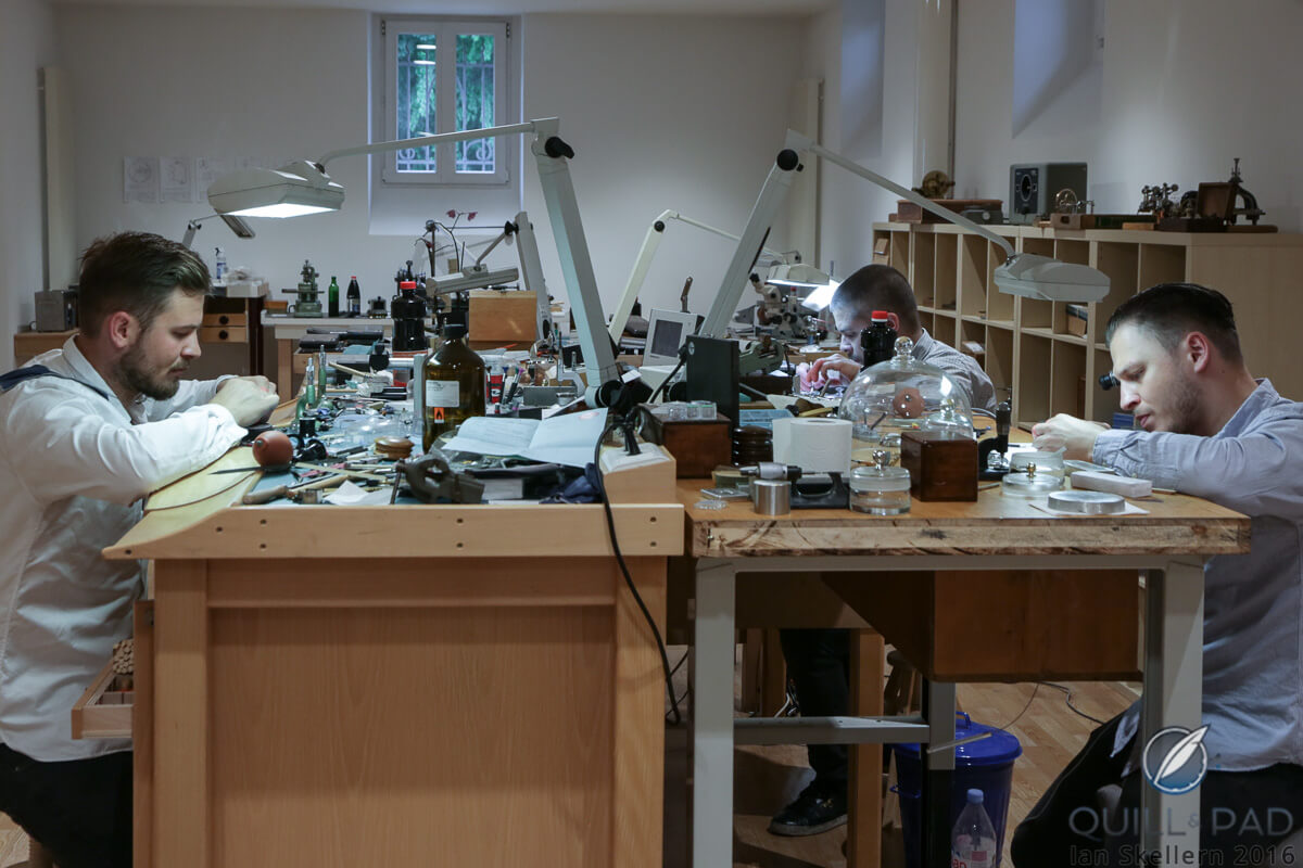 Watchmakers at the Akriva atelier with Rexhep Rexhepi (left) and his brother Xhevdet in the foreground