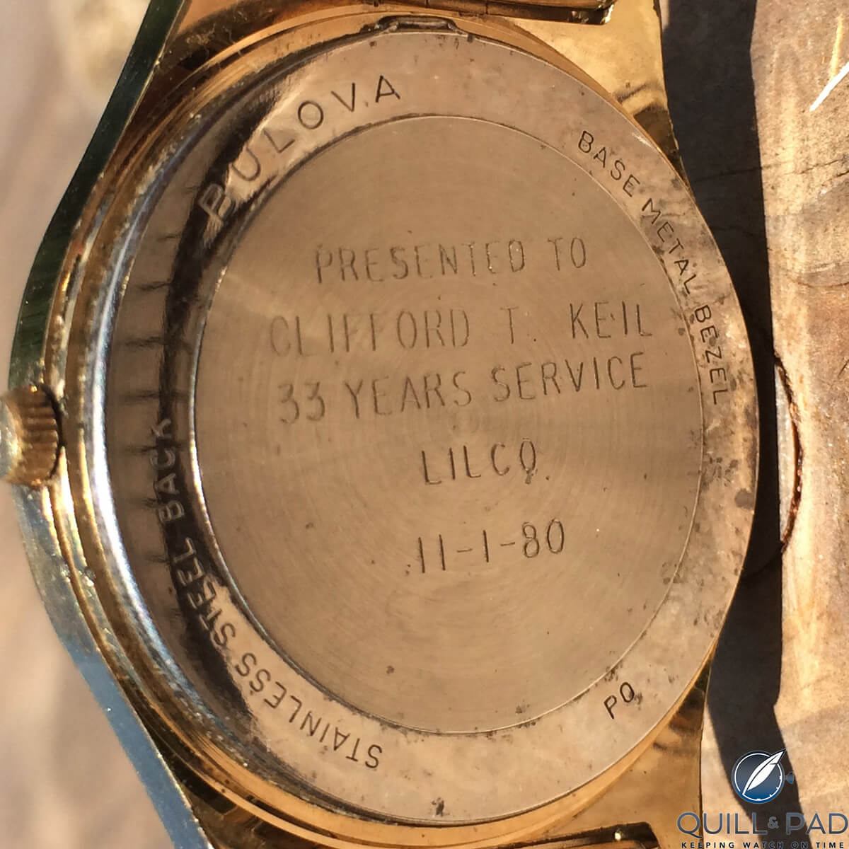 Case back engraving on my Bulova Accutron commemorating Pop-Pop’s 33 years of service