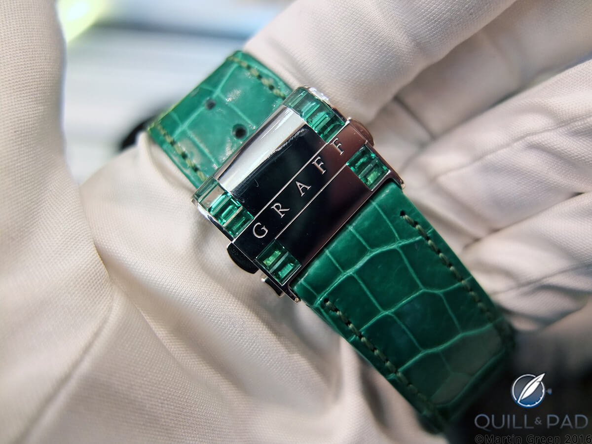 Even the buckle of the gem-set MasterGraff Perpetual Calendar is set with emeralds 