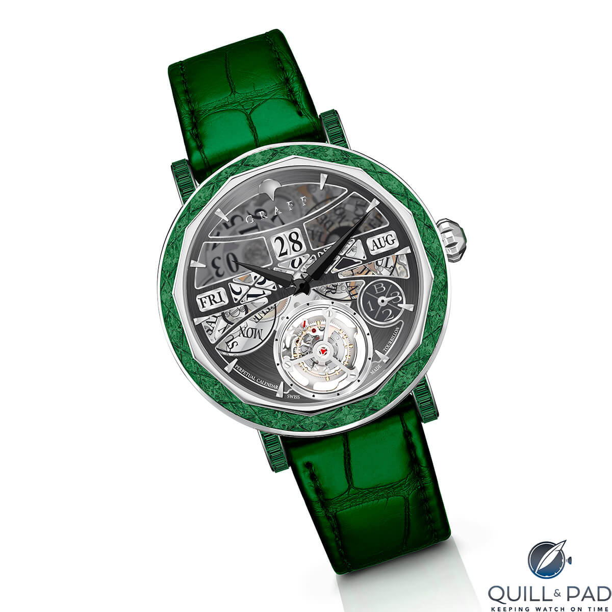 Emerald-set MasterGraff Perpetual Calendar with translucent dial