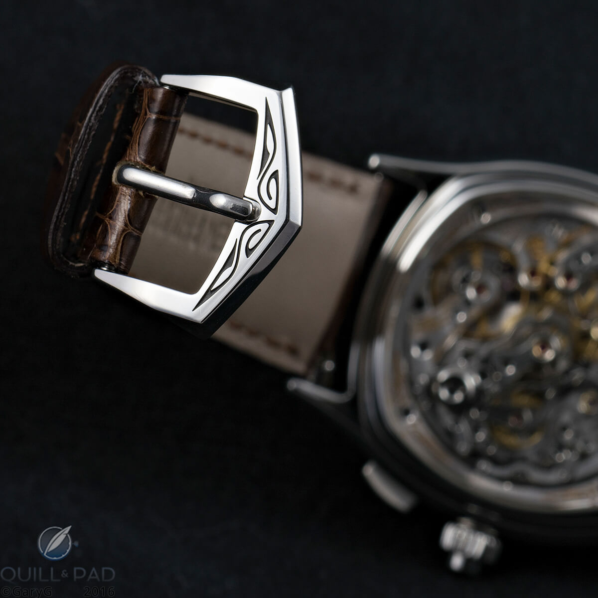 Cowboy Bob rides again: ornamental scrollwork on Patek Philippe Reference 5950A-001’s buckle