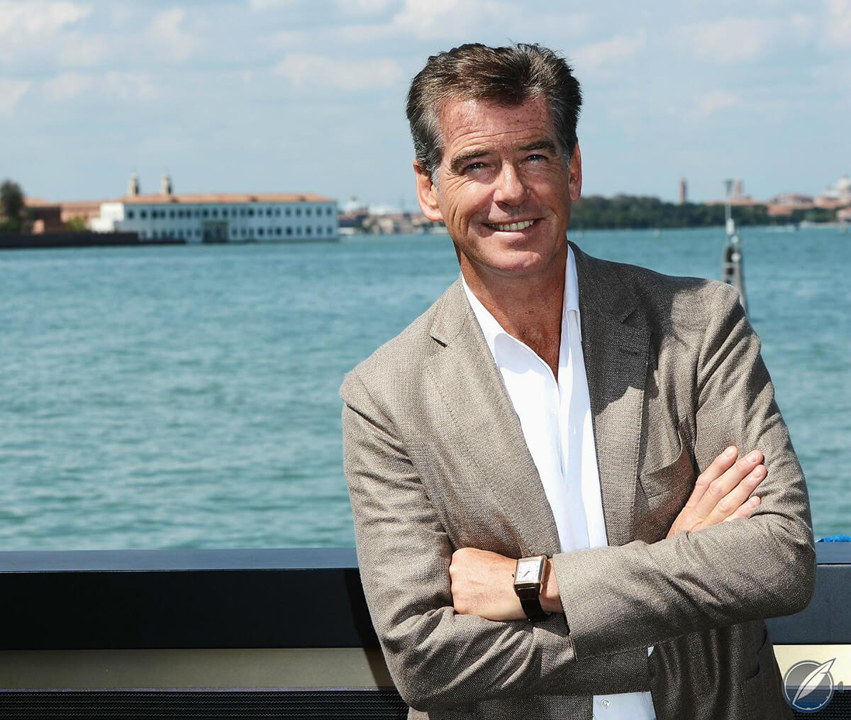 Pierce Brosnan in Venice wearing a Jaeger-LeCoultre Reverso Squadra Hometime